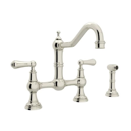 Rohl Edwardian Era Bridge Kitchen Faucet With Sidespray In Polished Nickel, Handle Type: Lever U.4756L-PN-2